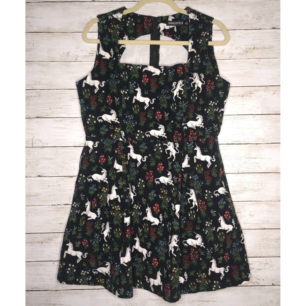 Dangerfield Dress Size 12 Unicorn Floral Print Black Corduroy A-Line Mini Short
